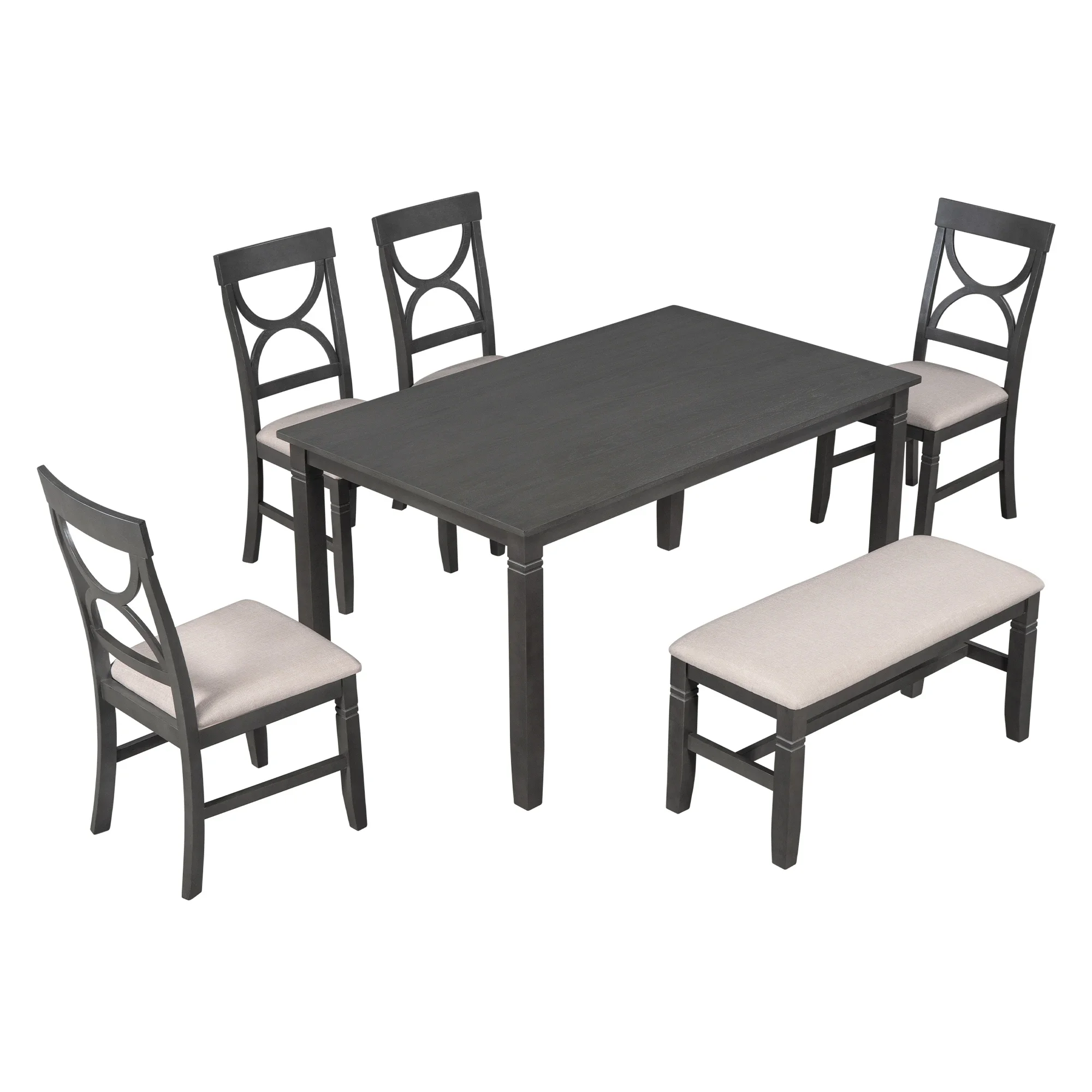 

6-Piece Wood Dining Table Set Kitchen Table Set with Upholstered Bench and 4 Dining Chairs, Farmhouse Style, Gray