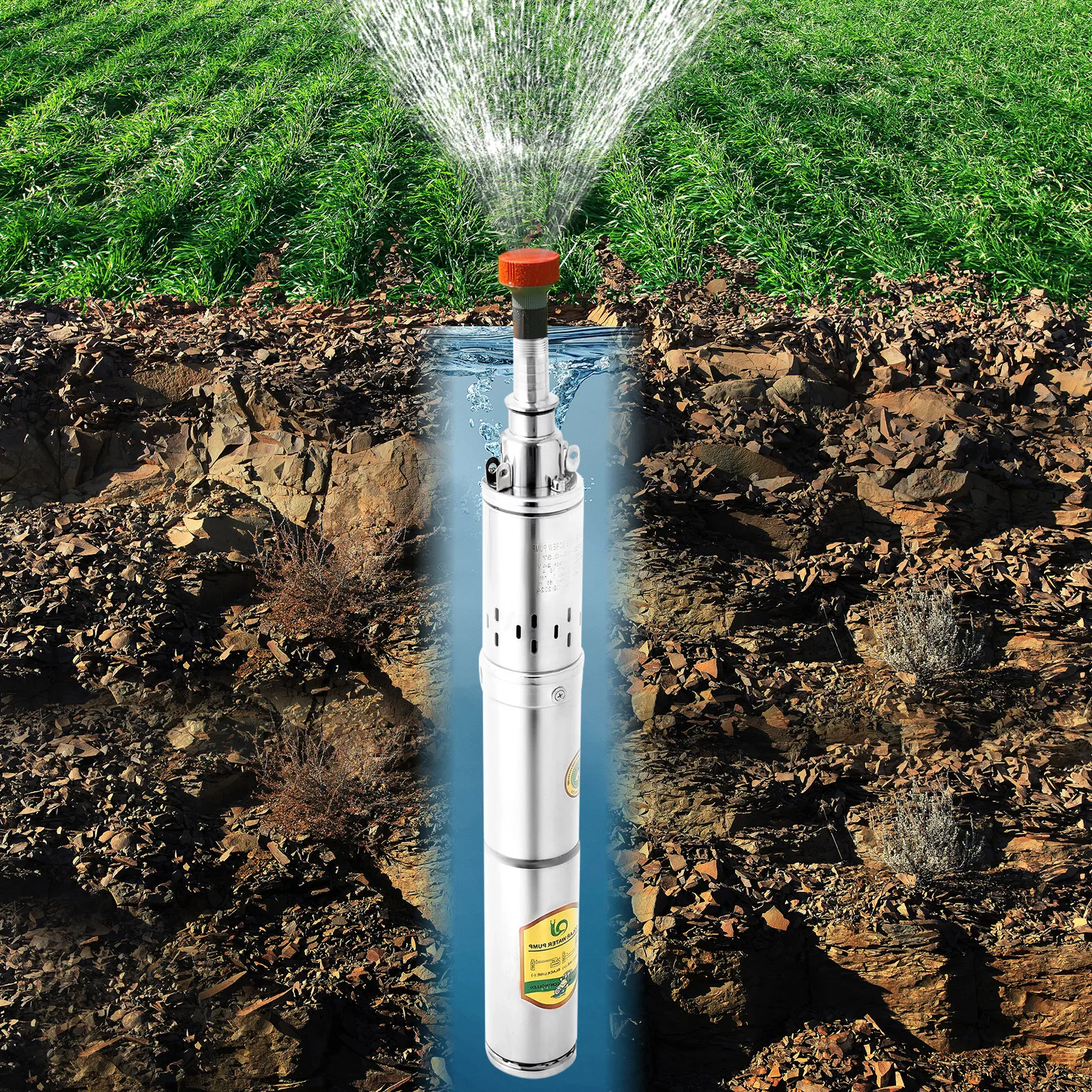 Deep Well Pump DC 24V Solar Powered 0.37KW Stainless Steel Submersible Pump 213ft Head 70ft³/h Flow for Irrigation Water Supply