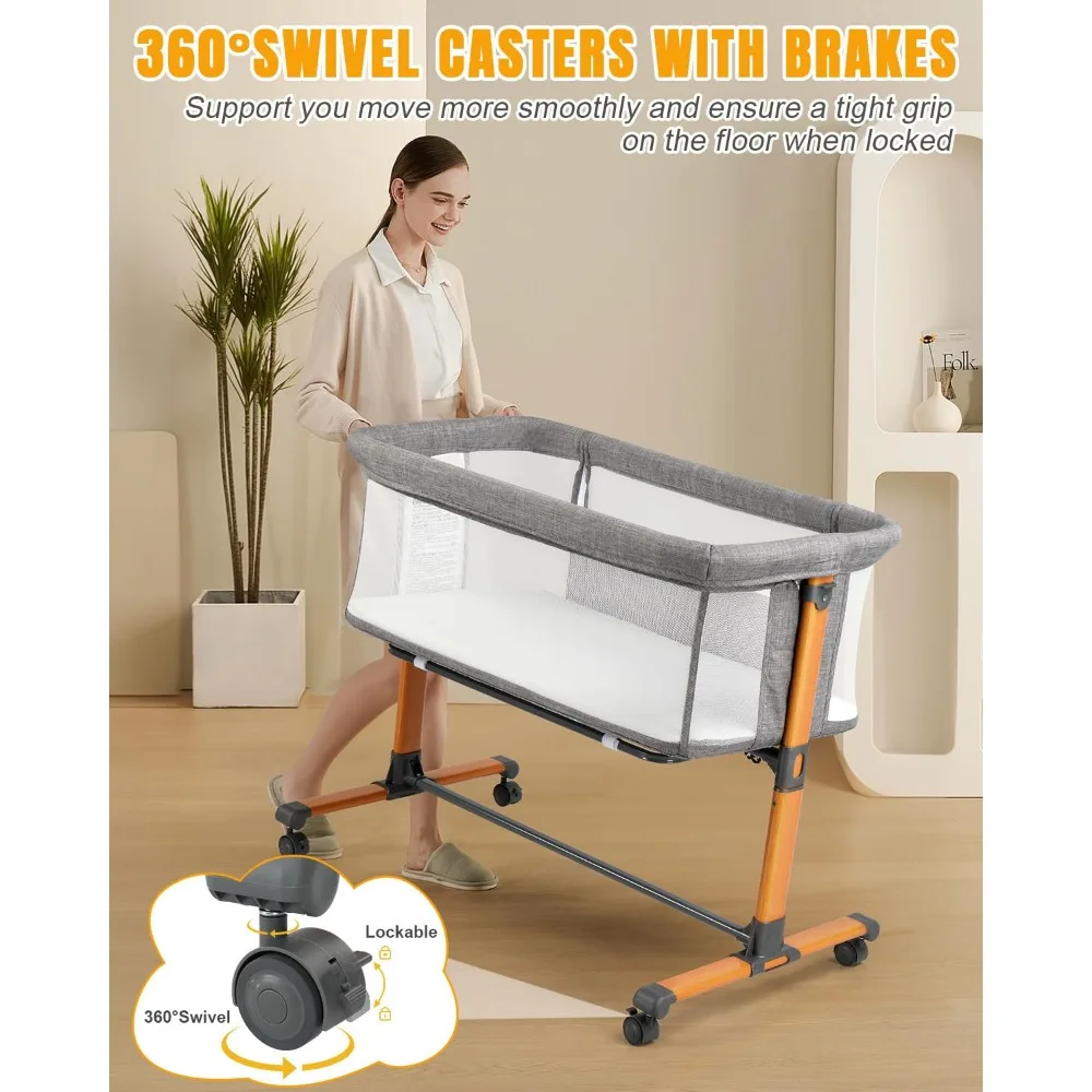 Baby Bassinet Bedside Bassinet, Baby Cradle with Machine-Washable Sheets, Four-Sided Breathable Mesh, 6 Height Adjustable 6