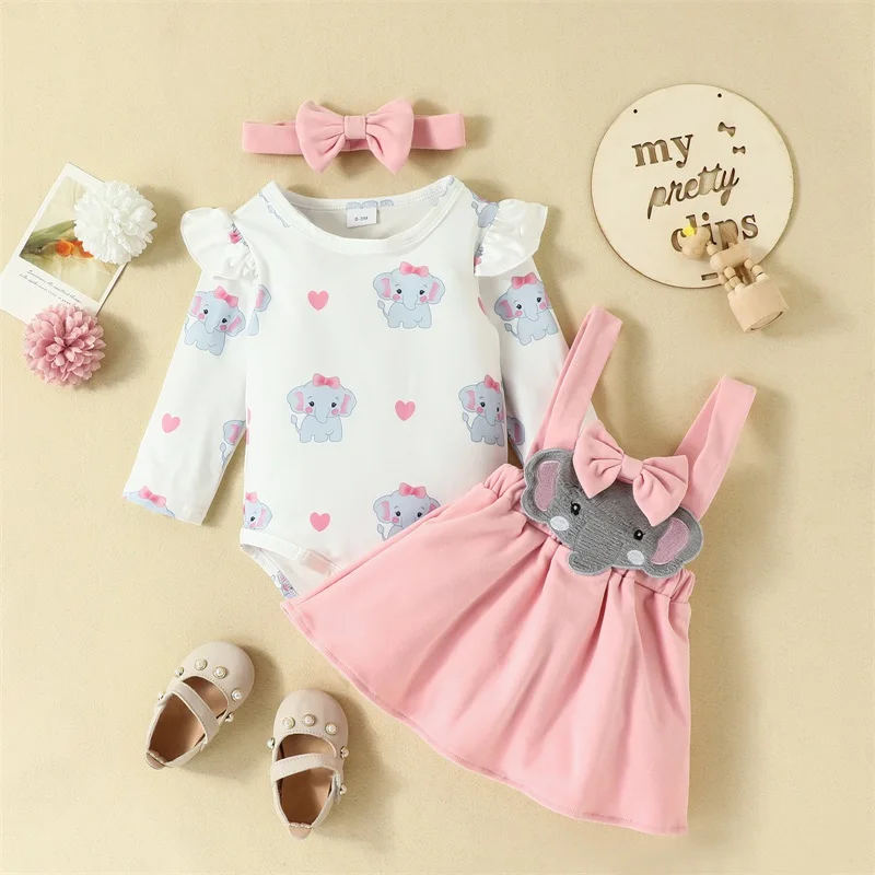 

Infant Baby Girls Cute Clothes Elephant Print Long Sleeves Romper And Suspender Skirt Headband Fall Outfit 2Pcs