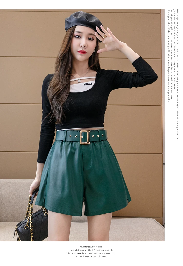 maternity shorts With Belt PU Leather Shorts Women 2021 Fall Winter Elegant Wide Leg High Waist Shorts Feminino Fashion Faux Leather Short Femme biker shorts women