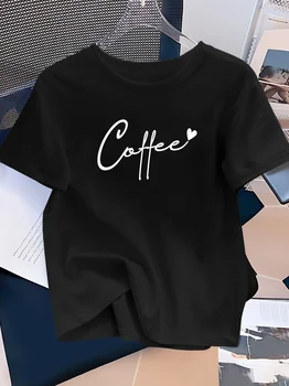 Women's Coffee and Heart Printed Casual T-shirt Round Neck Short Sleeve Fashionable Simple Design Casual Wear Trendy Fashionable 1