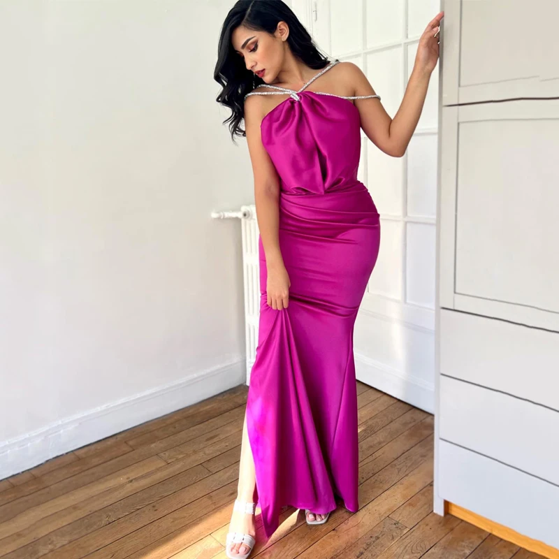 

Formal Mermaid Prom Dresses Halter Neck Beadings Party Dress Saudi Arabia Side Slit Floor Length Evening Gowns Plus Size