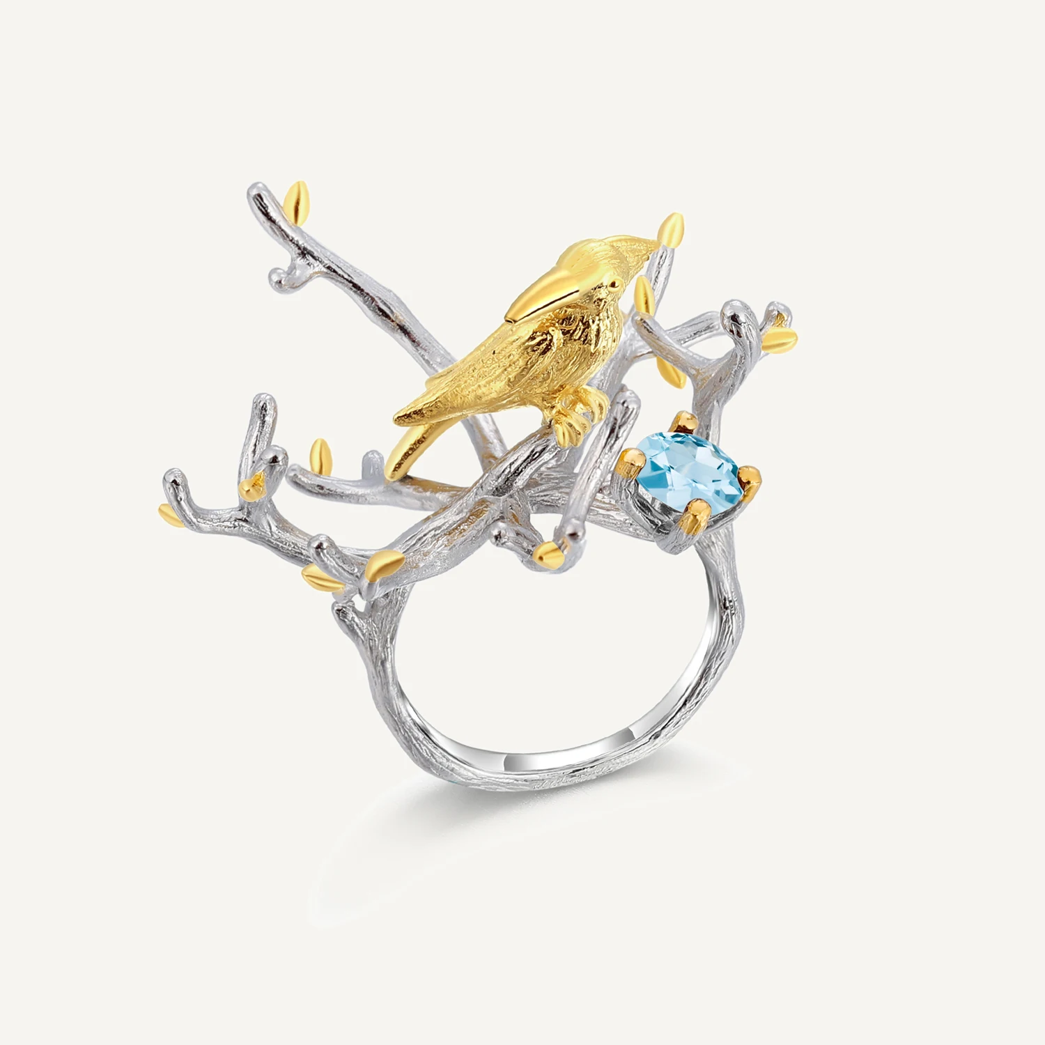 

GEM'S BALLET 925 Silver Handmade Golden Bird Tree Branch Rings Protect Environment Natural Sky Blue Topaz Ring for Women Party