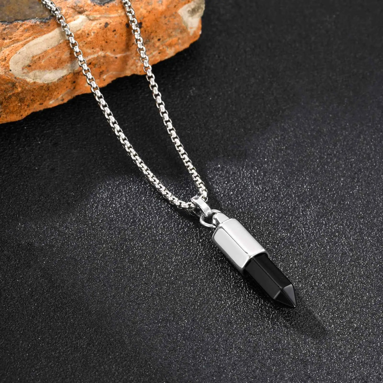 Stylish Men's Natural Stone Bullet Necklaces,Vintage Gemstone Healing Stainless Steel Pendant Necklace,Birthday Father Gift