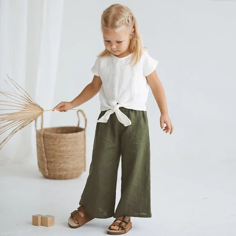Girls Summer Cotton And Linen Loose Wide-Legged Pants