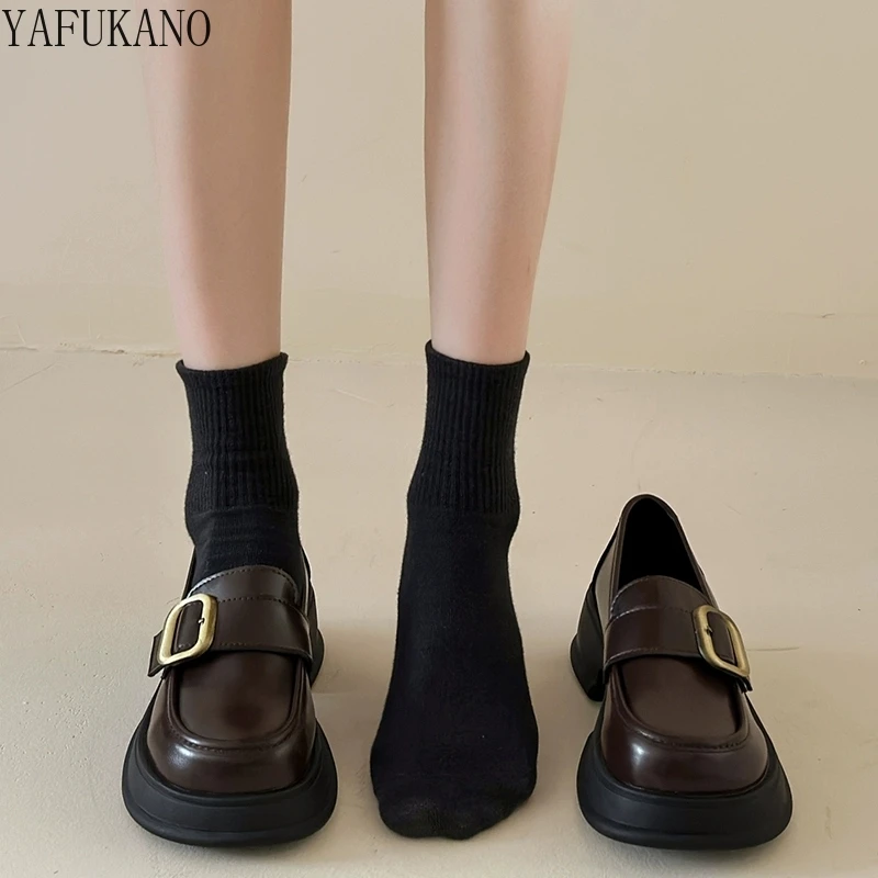 

Thick Soled Heightened British Style Loafers Metal Buckle Leather Shoes JK Uniform Shoes 5Cm Chunky Heels Platform Student Shoes