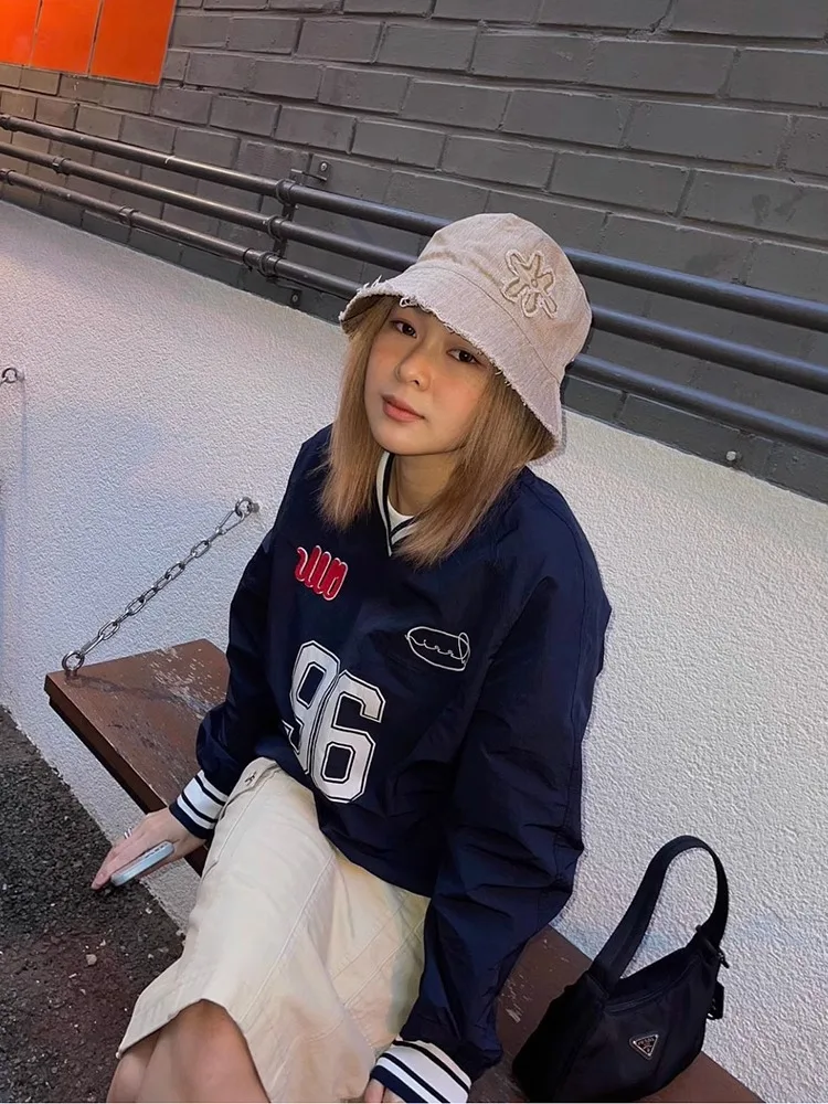 Jennie Kim V-Ne Baseball Sweatirt Loose Fit Embroidered Cotton Long Sve Autumn Faion Casual Streetwear