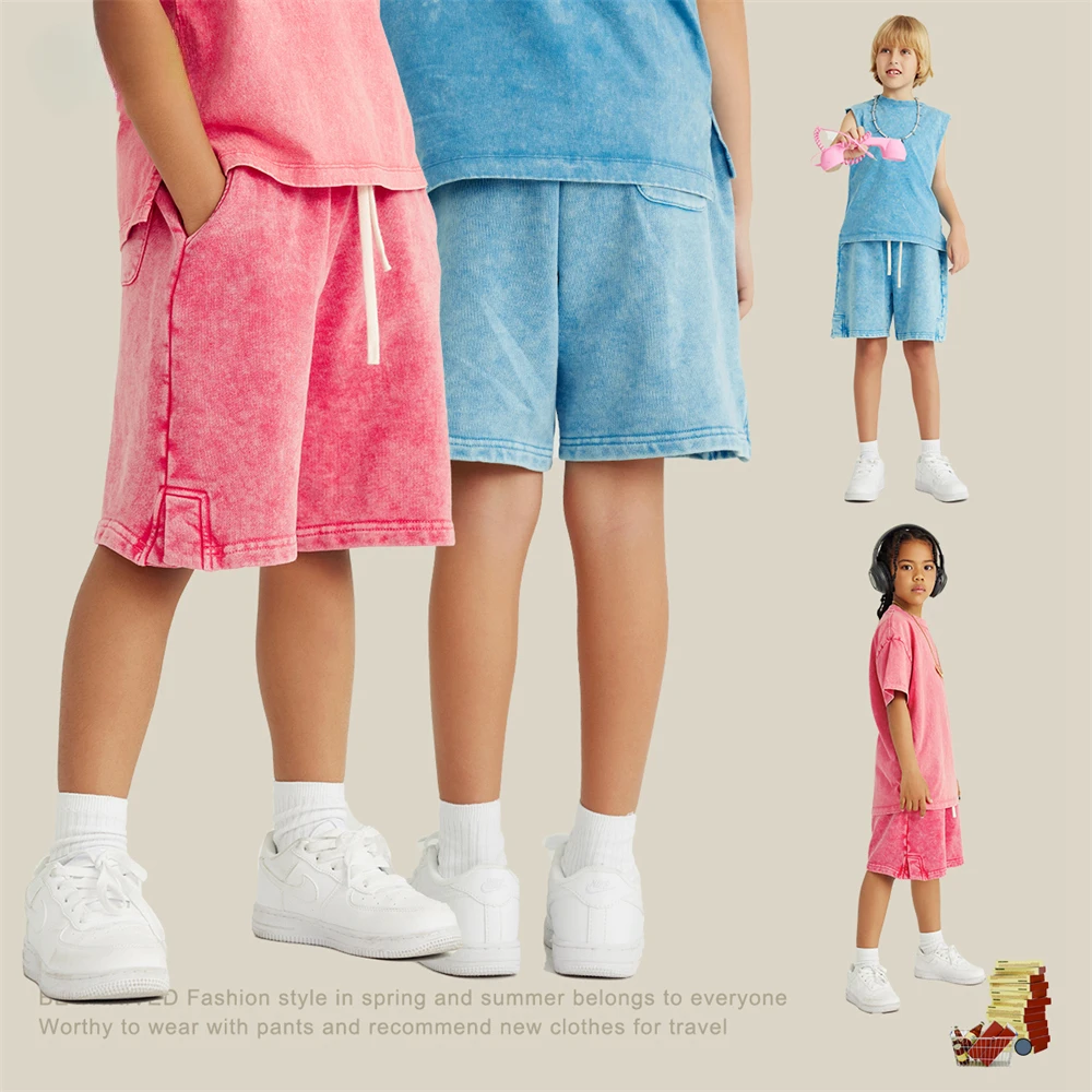 

Kids Retro Summer 290gsm Washed Batik Shorts Children Boys Girls Comfortable Cotton Drawstring Knee Length Pants