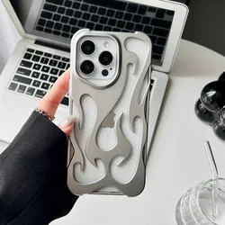 Fashion Hollowed Fire Flame Phone Case - Full Lens Protection Shockproof Armor Cover for iPhone 15 Plus (Matte Silivery)
