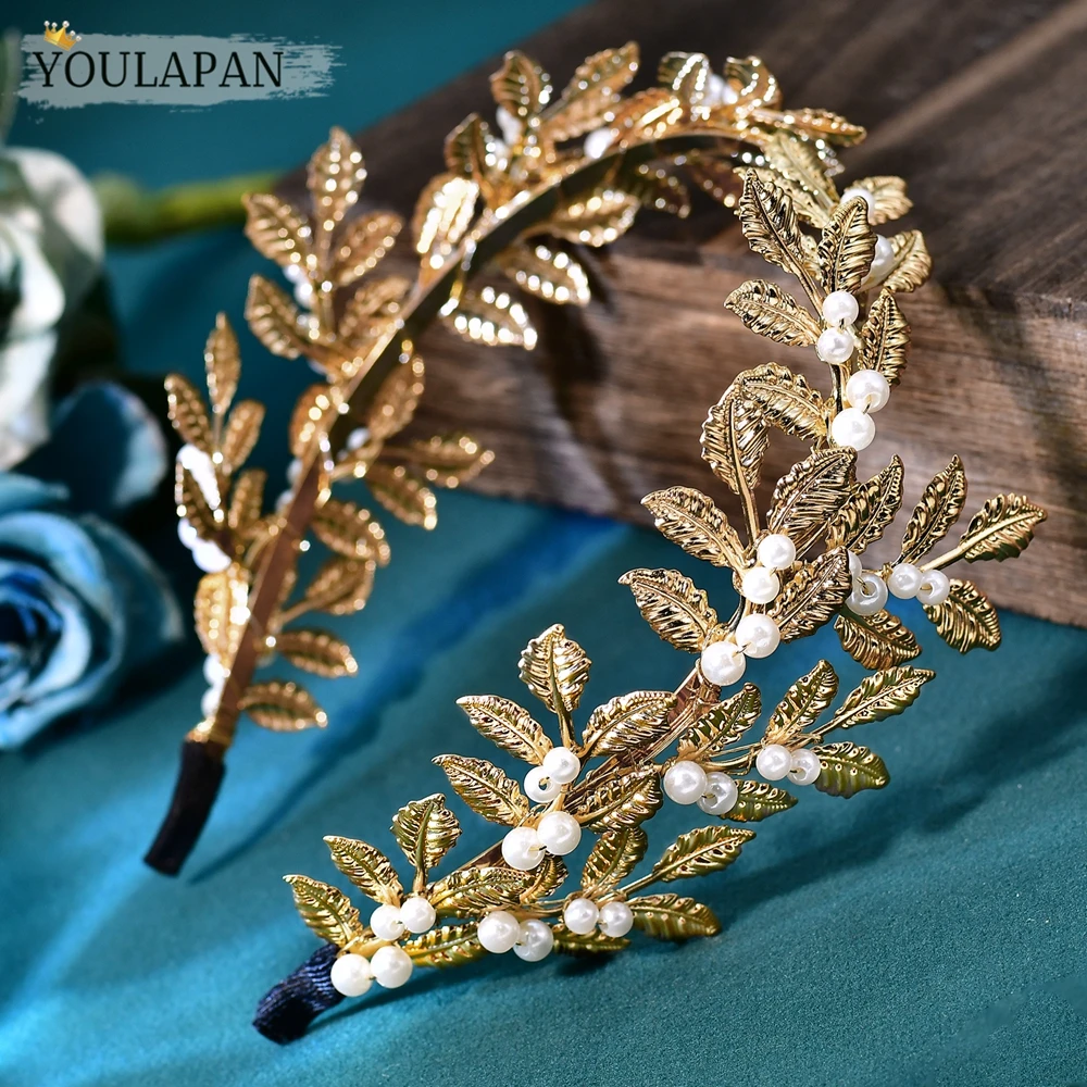 YouLaPan 황금 합금 잎 신부 머리띠 진주 머리 장식 수제 웨딩 티아라 헤어 액세서리 연회 머리 장식 HP1039