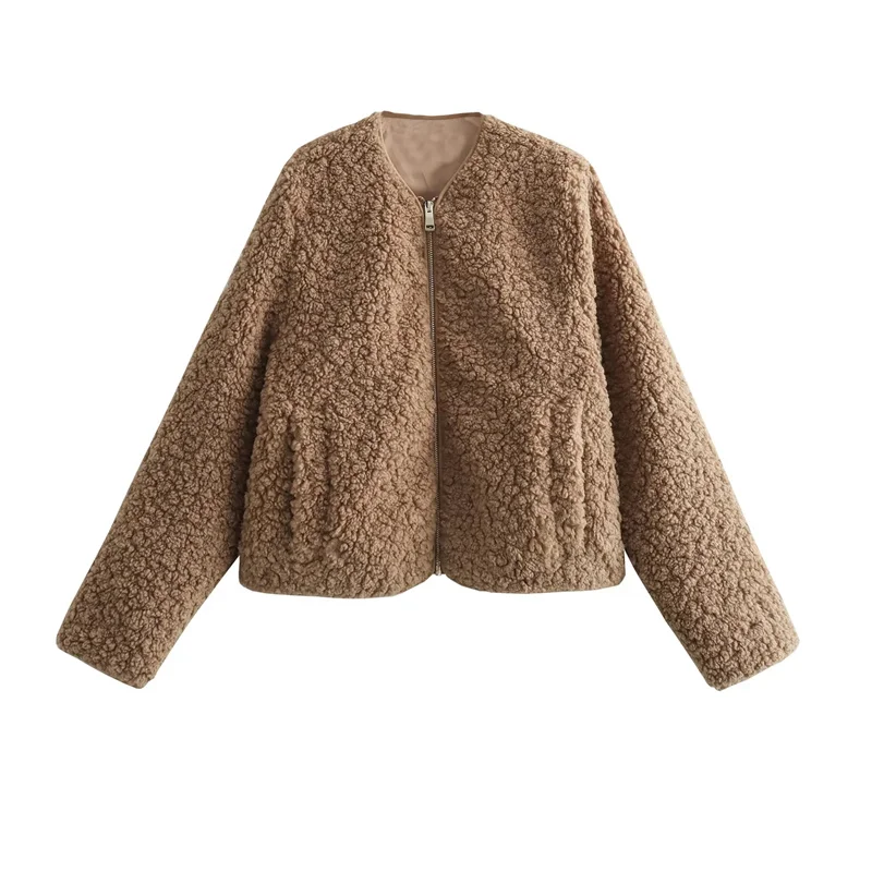 

TRAF Thick Short Faux Shearling Jacket For Woman Warm Round Neck Long Sleeve Jackets Autumn Casual Front Zip Lamb Wool Outwears