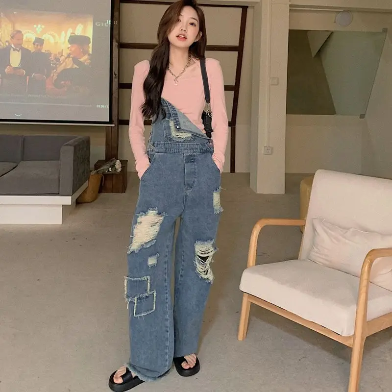 

2023 Women's Strap Pants Summer New Cowboy Design Sense High Waist Retro Hole Loose and Comfortable Free Shipping