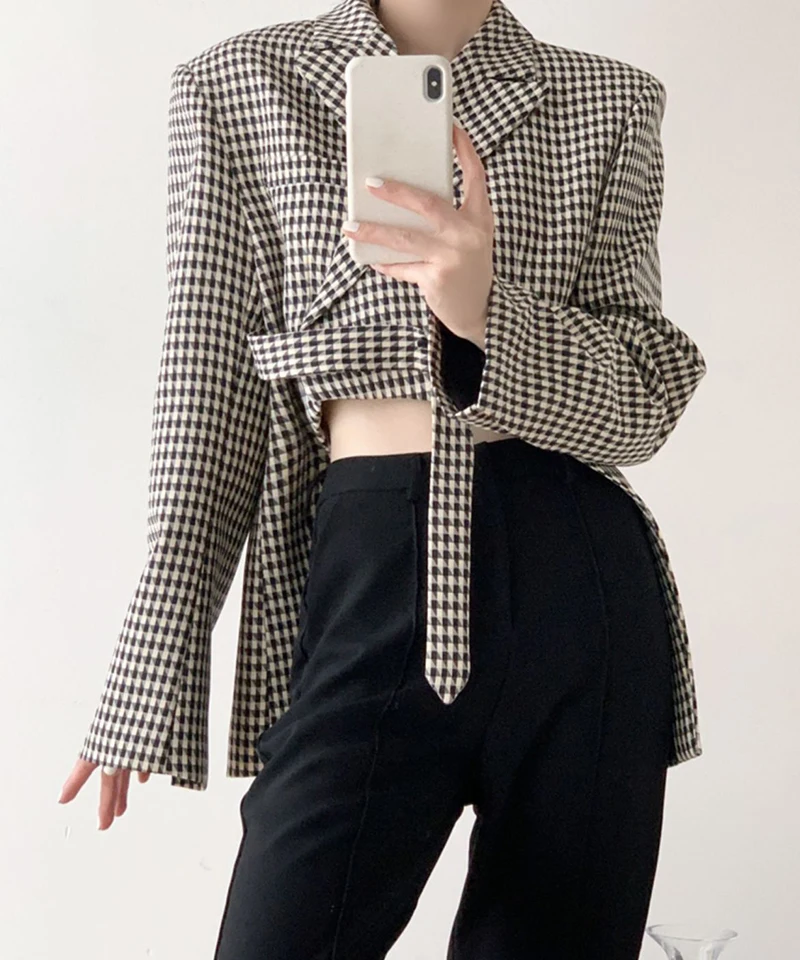 Houndstooth Plaid Blazer Women’s Black Irregular Suit Jacket Streetwear Korean Ribbon Cropped Womens Coat Office Lady Elegant Striped Jackets Outwear Plus size Blazers for Woman 