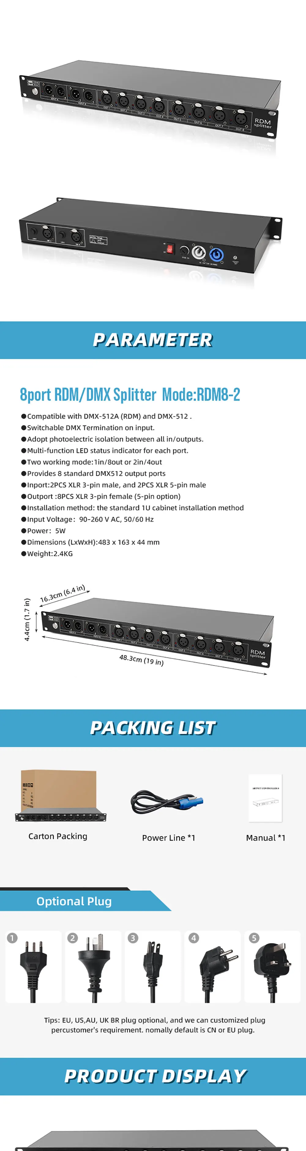 Professional RDM Splitter 8 Channel With 2in4 Out Or 1in8 Out For Show Lighting
