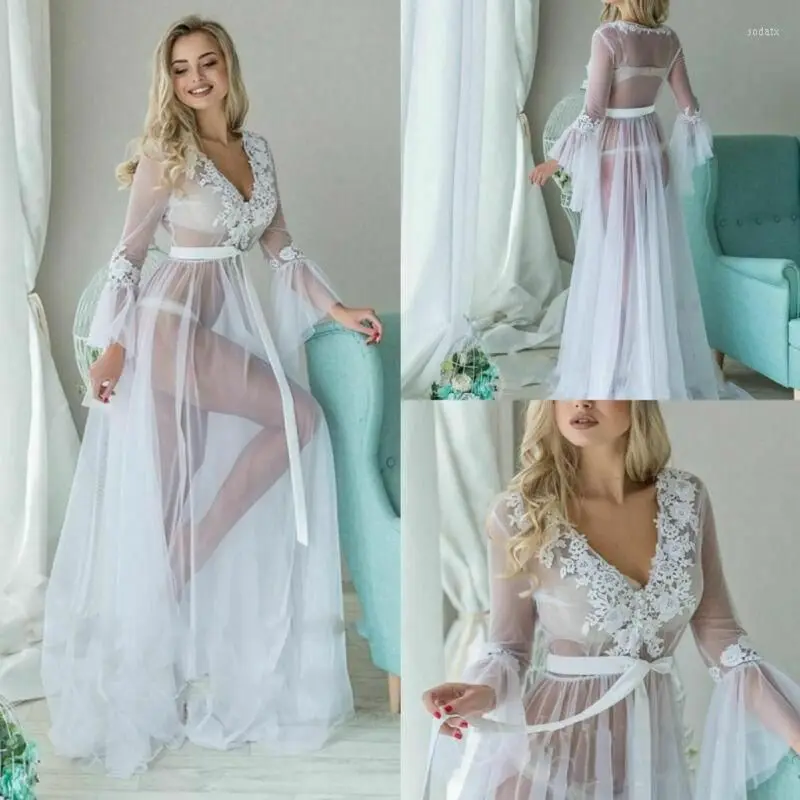 

European and American Fashion New Waist Lace-up Robe Deep V Wide Sleeve Morning Gown Nightclub Ktv White Lace Shawl