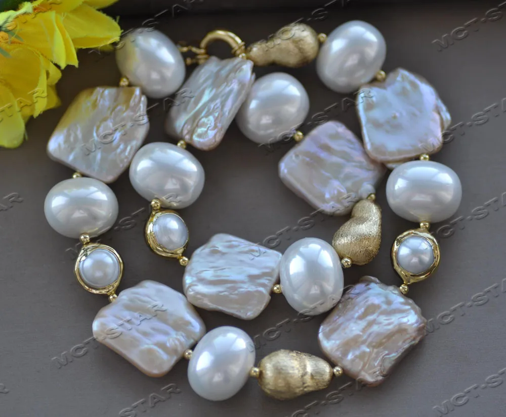 

Z12385 18'' Pink Square Pearl White Egg Shell-pearl Gold-Plated Peas Necklace