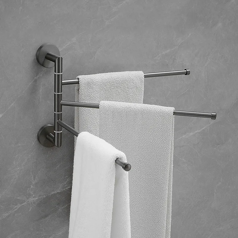Gun Grey Full Copper Rotatable Towel Rack Bathroom Folding Swing Multi-rod  Toilet Wall-mounted Movable