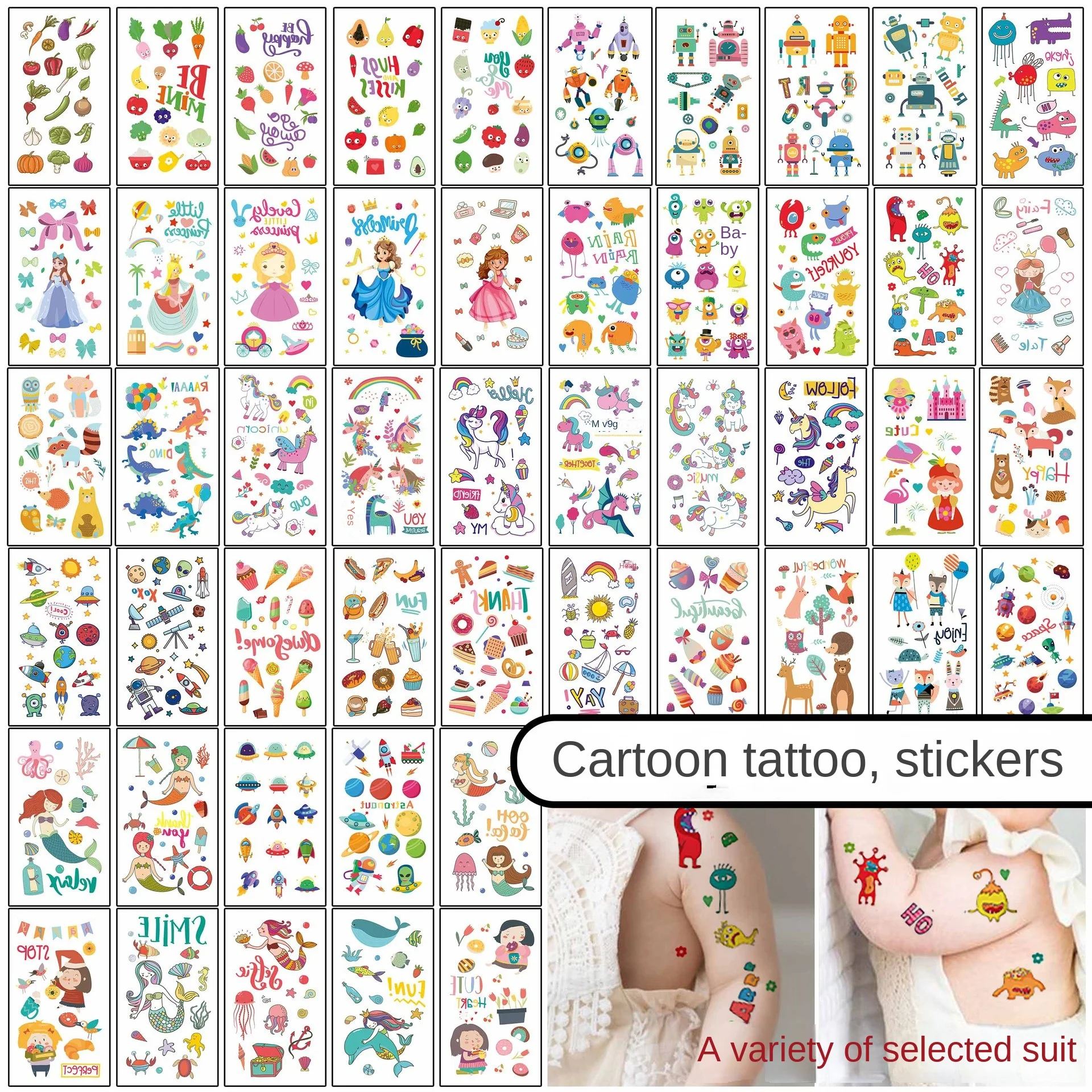 10pcs Children Cute Temporary Tattoo Sticker Princess Girl Boy Cartoon Dinosaur Car Ocean Watch Waterproof Tattoo Sticker