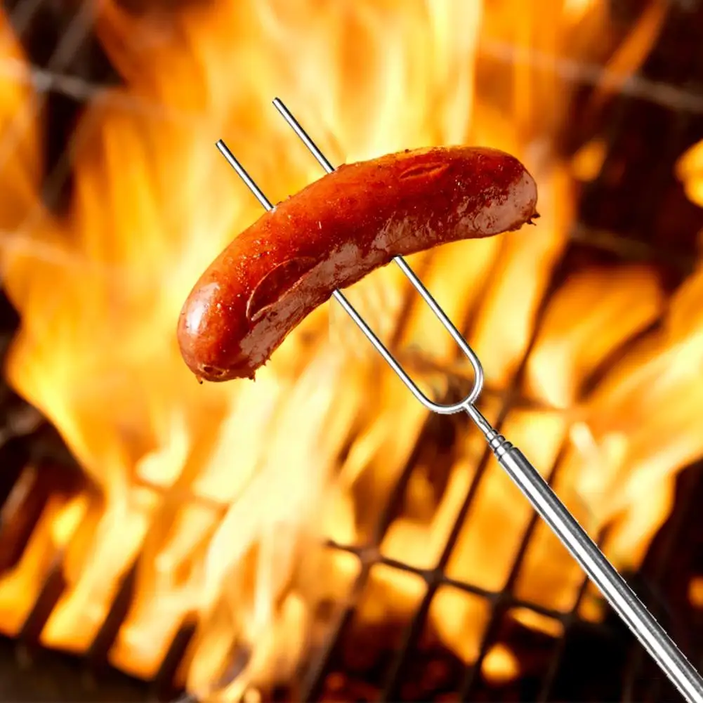 Outdoor BBQ Forks 5x Telescopic U-Shaped Camping Barbecue Roasting Stick Kitchen Picnic Tool Easily Carrying BBQ Tools