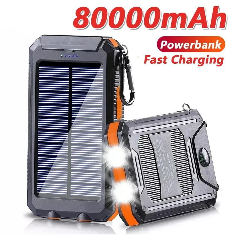 Solar Power Bank 80000Mah Ricarica Portatile Poverbank Caricabatteria Esterno Luce Forte Lde Light Per Tutti Gli Smartphone