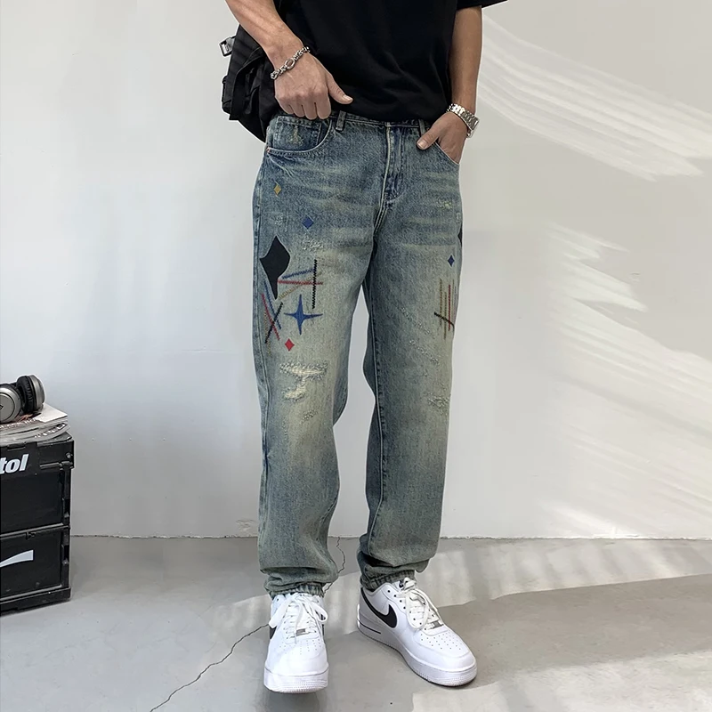 New American Style Embroidered Straight Leg Jeans For Men'S High Street Trendy Retro Loose Floor Casual Versatile Denim Pants