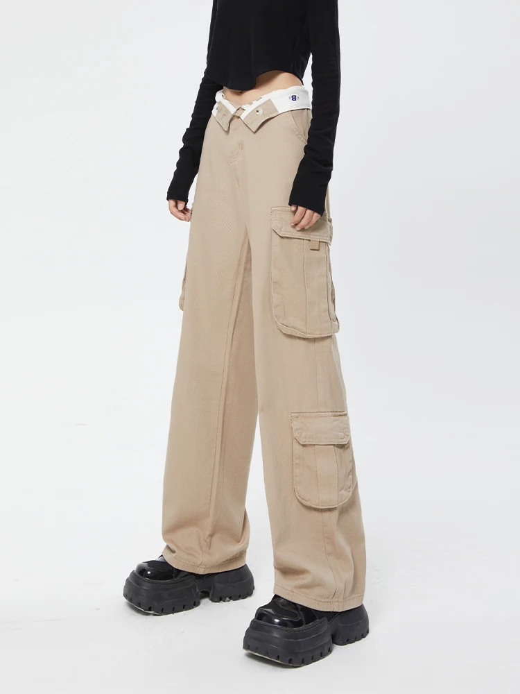 

2022 Retro Streetwear Khaki Cargo Pants Baggy Big Pockets Grunge Pants Y2K Vintage Mom Pants High Waist Trousers Kpop BF Style