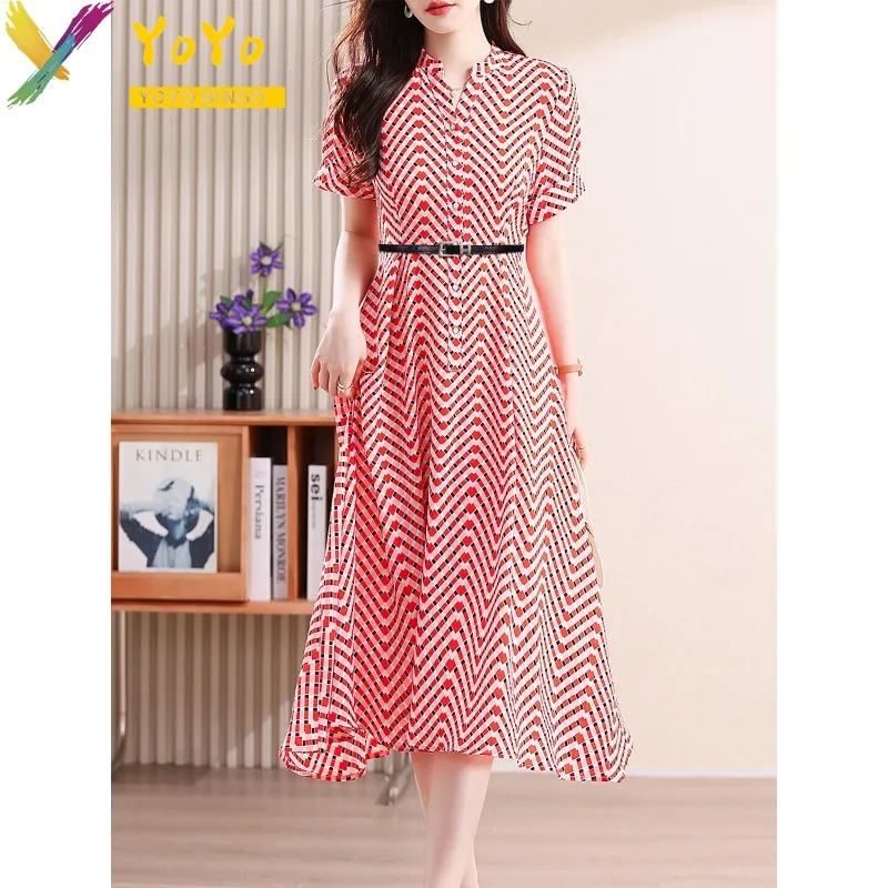 

Элегантное красное шифоновое платье в клетку, в полоску, с коротким рукавом и ремнем, летнее модное приталенное нестандартное платье 2024