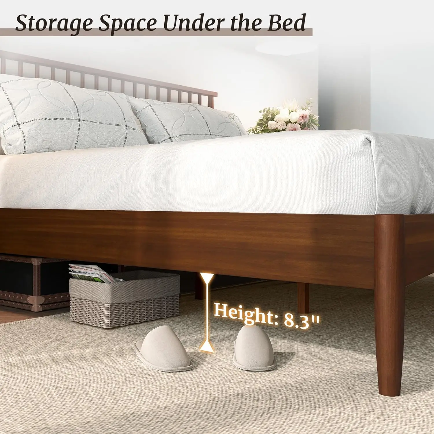 Wood Bed Frame with Spindled Headboard, Platform Bed Frame King Size Mid Century Foundation with Solid Wood Slat Support