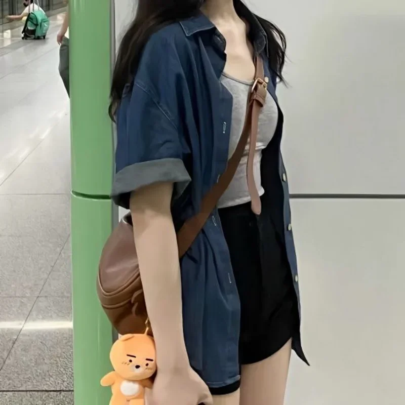 summer thin denim jumpsuit blue women cotton casual overalls cropped short sleeves drawstring ankle tied pants one piece outfit Vintage Denim Shirt Short Sleeves Summer Women's Clothing Thin Tops Jackets Korean Fashion Blouse Women Buttons