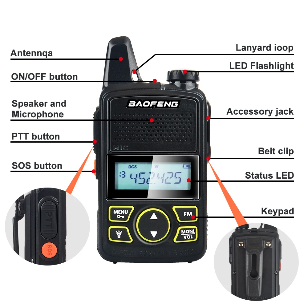 2pcs/Paired Baofeng BF-T1 Mini Pocket FM Ham Walkie Talkie UHF 400-470MHz 2W 20Ch with Earphone and 1pcs USB Programming Cable 4