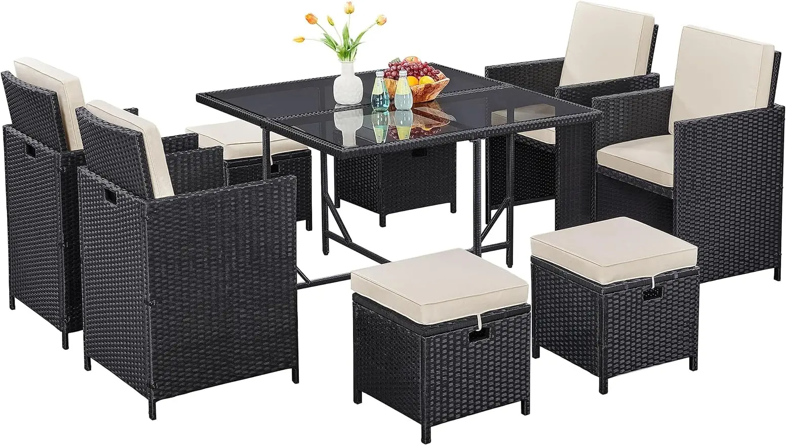 

Patio Sets Outdoor Space Saving Rattan Chairs with Glass Table, Wicker Furniture Sets Sectional Set with Removeable Cushions