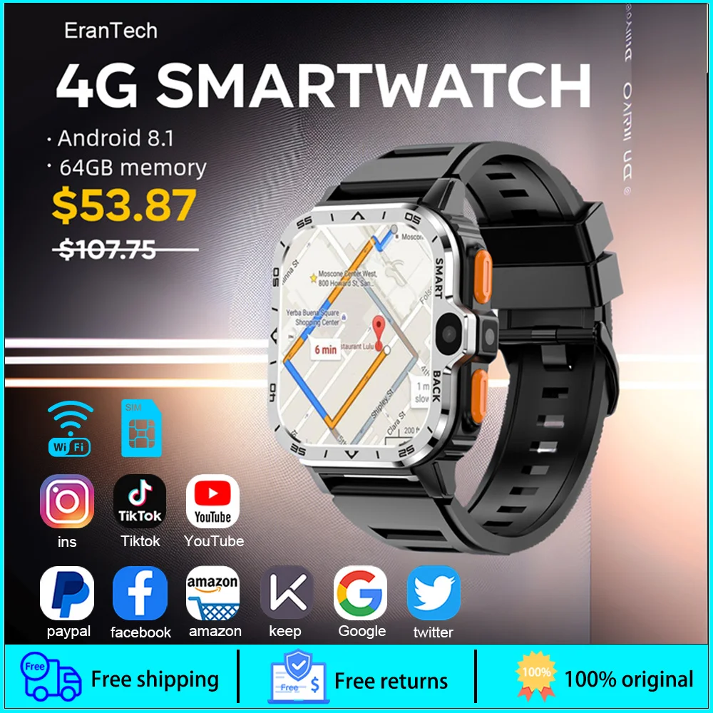 

SmartWatch 4G LTE GPS Wifi SIM Card NFC Dual Camera Rugged Google Play APP Download IP67 Heart Rate Android Smart Watch for Men