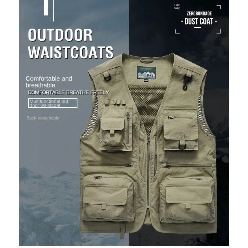 Sleeveless Jacket Multi-pocket Vest Man Sports Waterproof Denim Hunting Men's Clothing Free Shipping Lightweight Windbreaker Zip