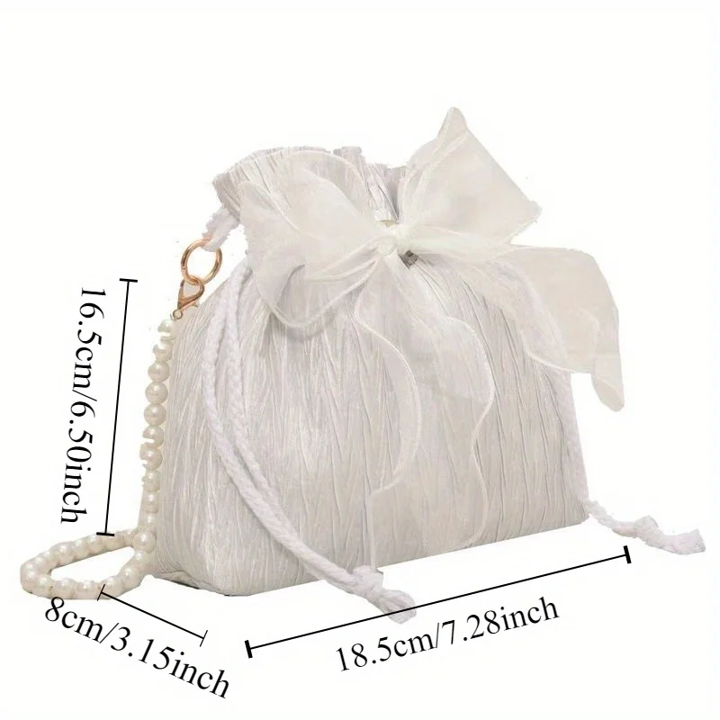 Chic Bowknot Canvas Crossbody Bag with Faux Pearl Chain - Versatile & Stylish Bucket Shoulder Purse for Women