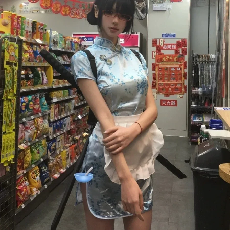 Sexy Chinese Pop Cosplay Kostuum Roze Cheongsam Mini-Jurk Vrouwen Dienstmeisje Uniform Rollenspel Outfits Schattig Meisje Nachtkleding Ondergoed