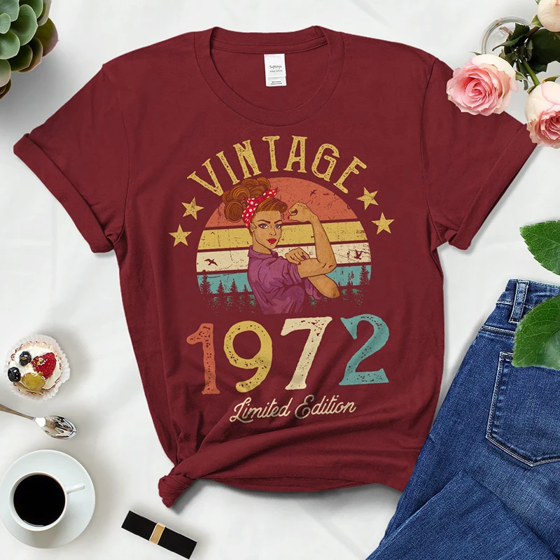 

Vintage 1972 Limited Edition Black Cotton T Shirts Women Retro Summer Fashion 51st 51 Years Old Birthday Party Tshirt Ladies Top