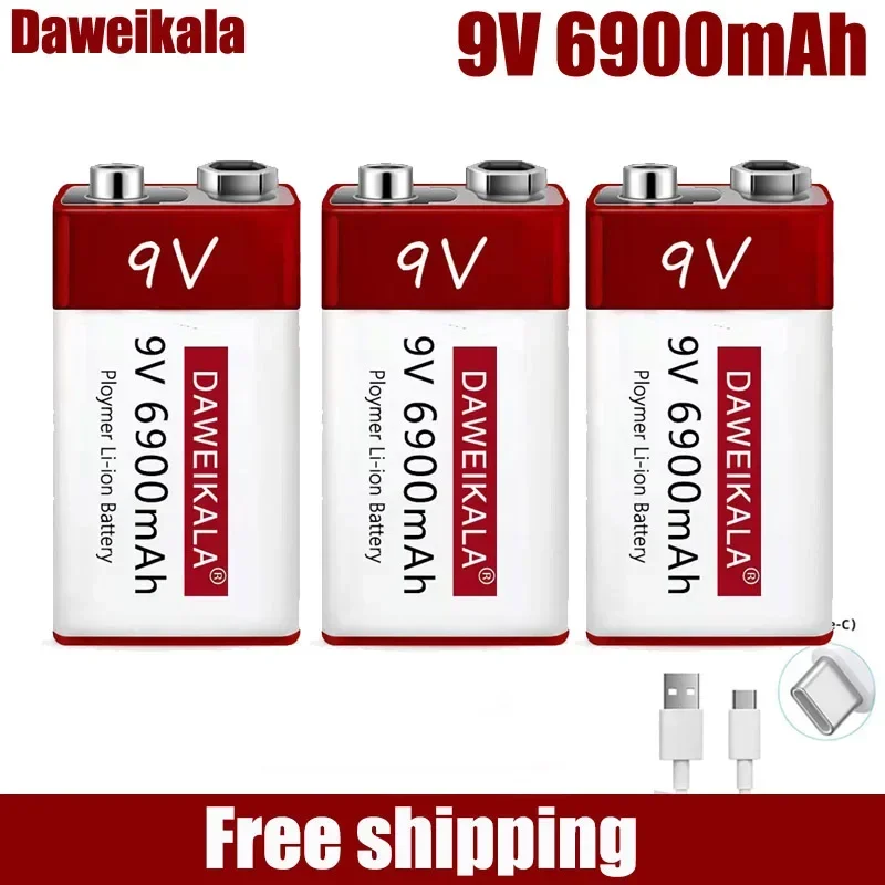 9V 6900mah lithium ion rechargeable battery type-C USB multimeter lithium microphone metal detector + cable
