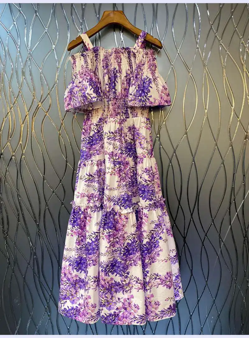 

100%Cotton Long Dress 2022 Summer Party Women Spaghetti Strap Purple Floral Print Elastic Chest Flare Sleeve Casual Maxi Dress