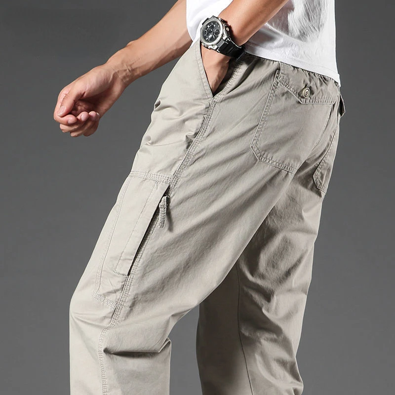 100% Pure Cotton Casual Pants for Men High Waist Loose Cargo Trousers Outdoor Multi-Pocket Straight Joggers Male Cargo Pants 2