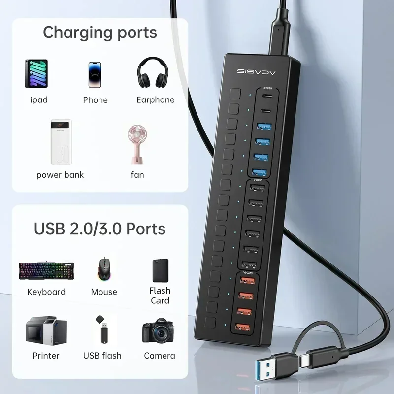 Acasis 16 ポート マルチ USB ハブ パワード スプリッター ソケット