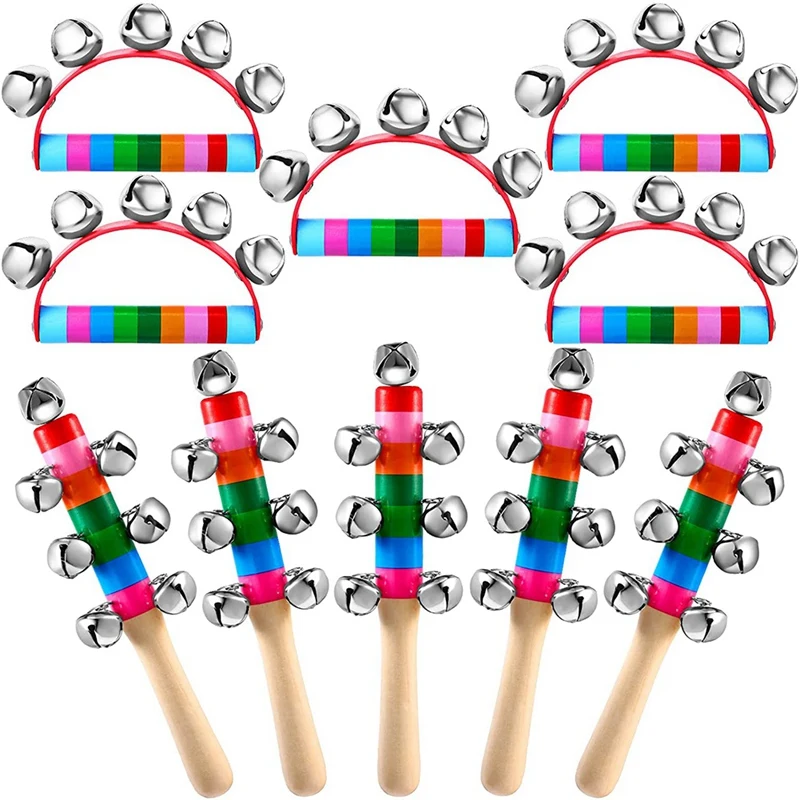 10 Pcs Hand Bells Rainbow Handle Sleigh Bells Handhold Wooden Bells Jingle Stick Shaker Rattle