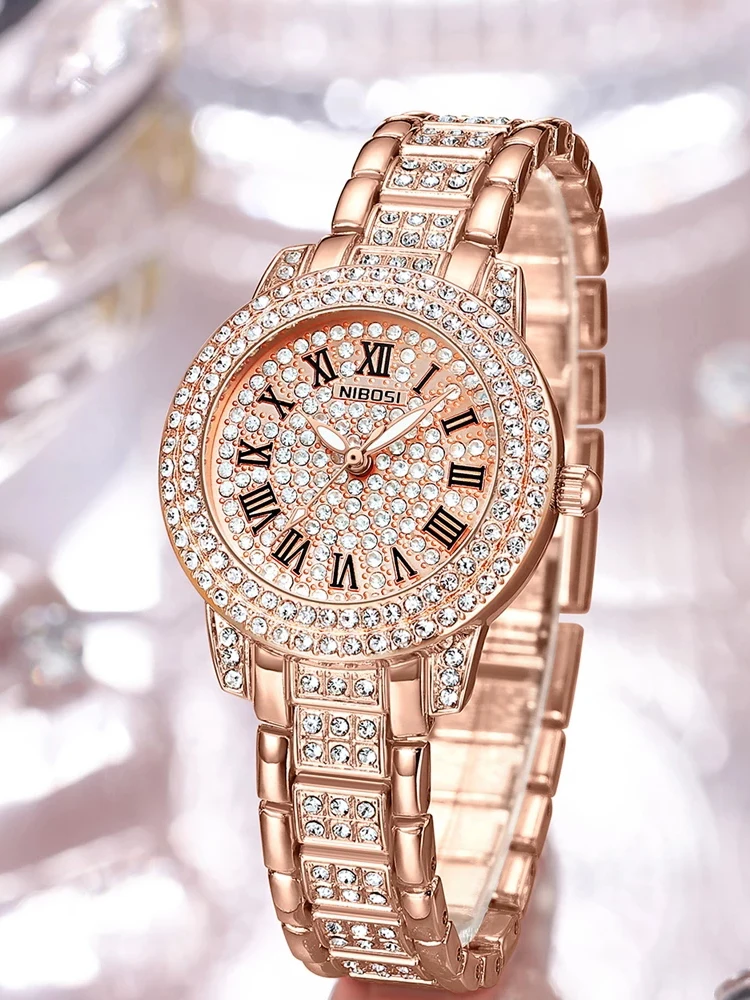 NIBOSI-reloj de cuarzo con diamantes brillantes para mujer, pulsera informal de lujo, de oro rosa, de cristal