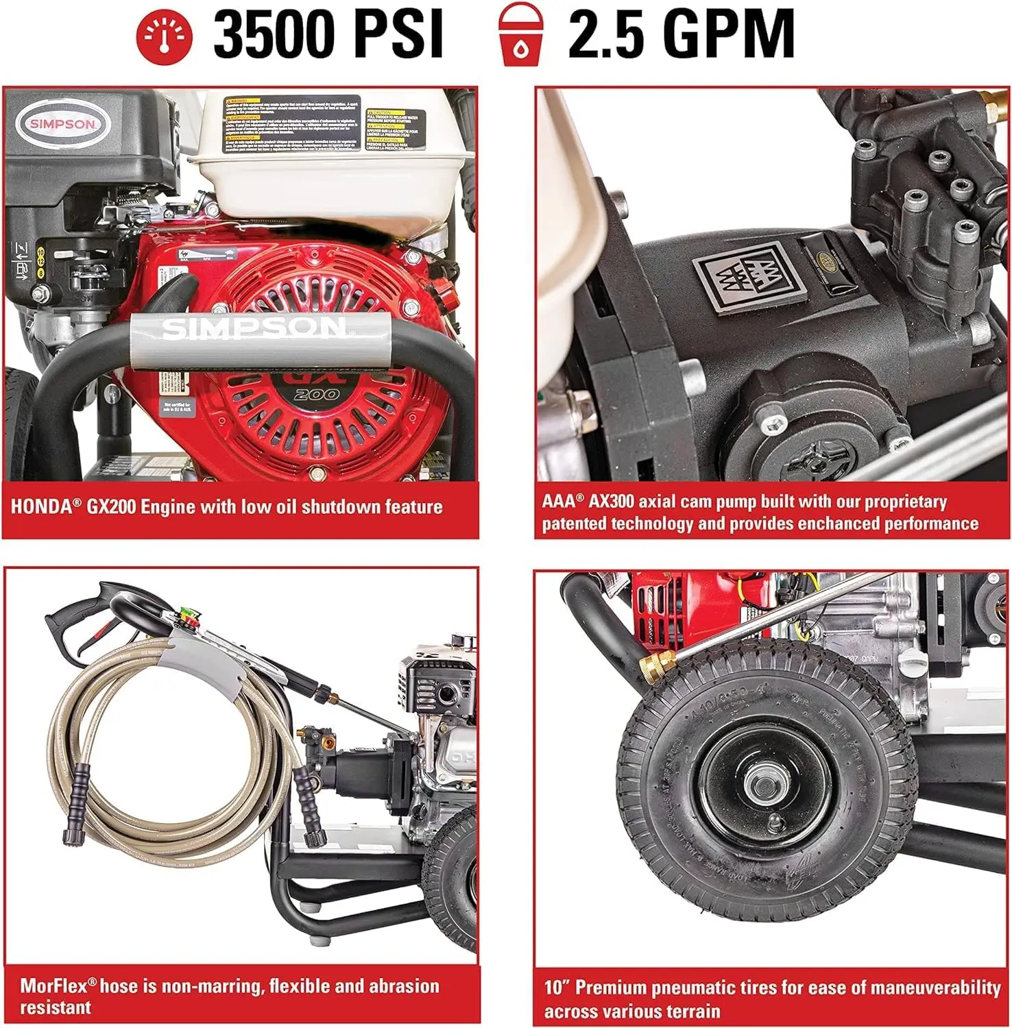3500 PSI 2.5 GPM Honda GX200 AAA AX300 Axial cam pump Cold water Gas pressure washer PS61002-S