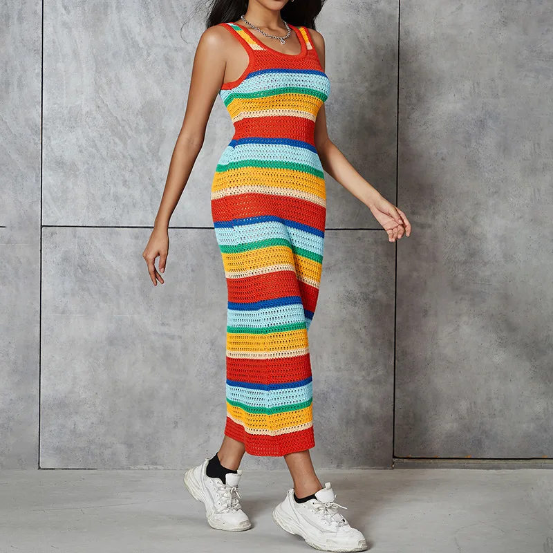 

Woman Sleeveless Knitted Midi dress Rainbow Color Stripes O Neck Bodycon Casual dress S-L