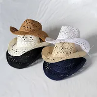 Cowboy hat fashion hollow handmade cowboy straw hat men's summer outdoor travel beach hat unisex solid color western cowboy hat 3