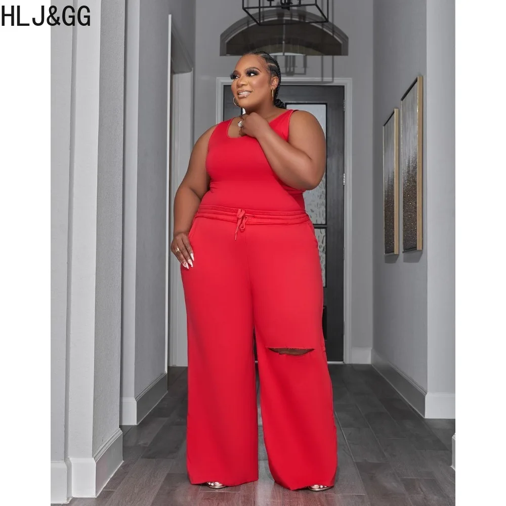 HLJ&GG Casual Solid Wide Leg Pants Two Piece Sets Women Sleeveless Strap Vest And Pants Tracksuits Female Hole Matching Outfits