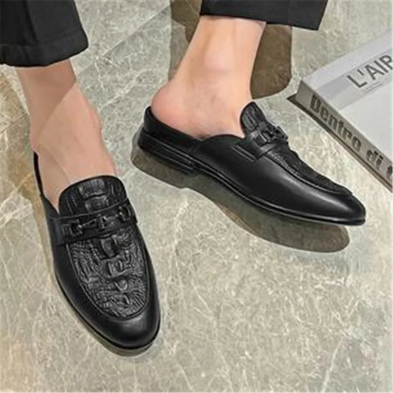 Brand Designer Mens Casual Shoes High Quality Luxury Genuine Leather Slippers Fashion 2023 Summer Half Shoes For Men Mocassin