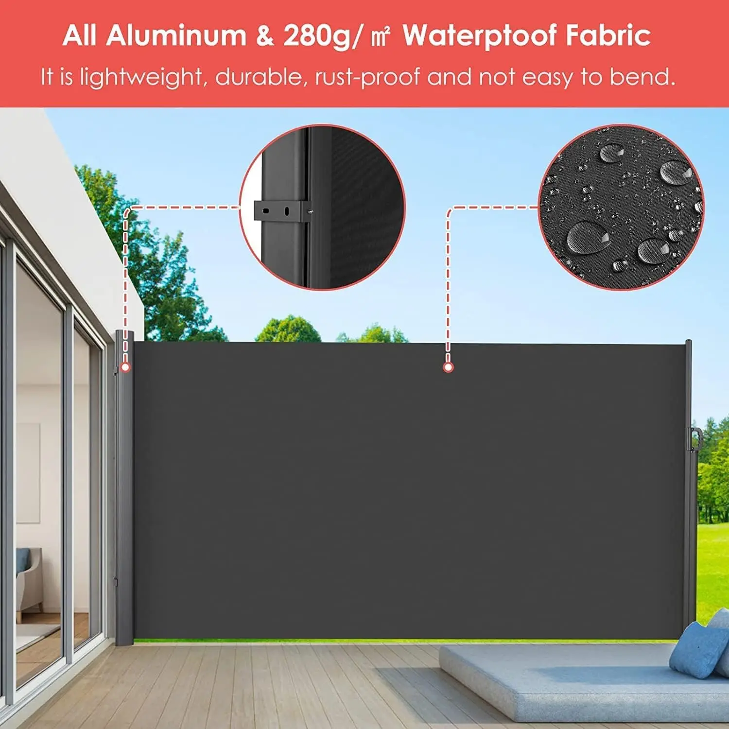 Retractable Side Awning,Patio Privacy Screen for Garden, Balcony, Courtyard,UV Resistant, Waterproof,Dark Grey, 118.1" x 70.9"