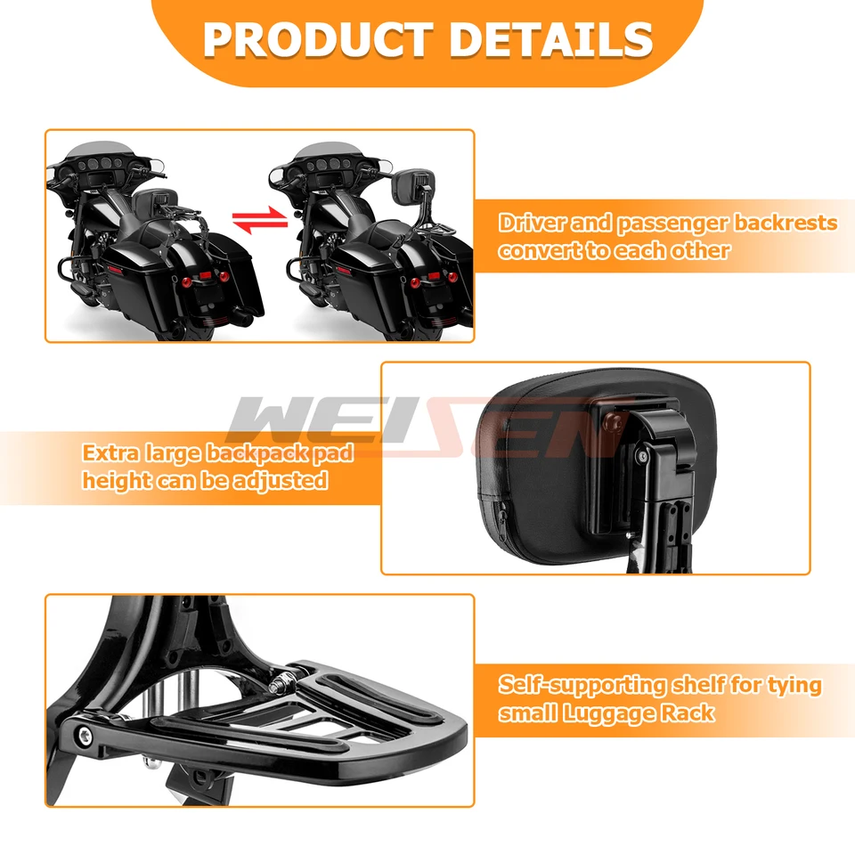 Kojem Detachable Backrest Sissy Bar 28" Chrome For 2009-2024 Harley Touring Models Street Road Electra Glide Road King CVO Ultra Limited Low Back Rest - View #8